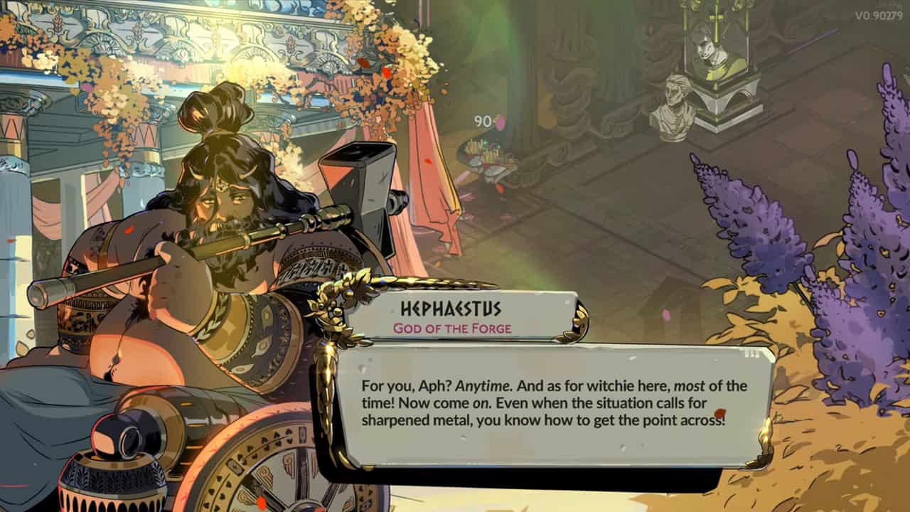 Hades 2 characters: A dialogue from Hephaestus in the game. Image captured by VideoGamer.