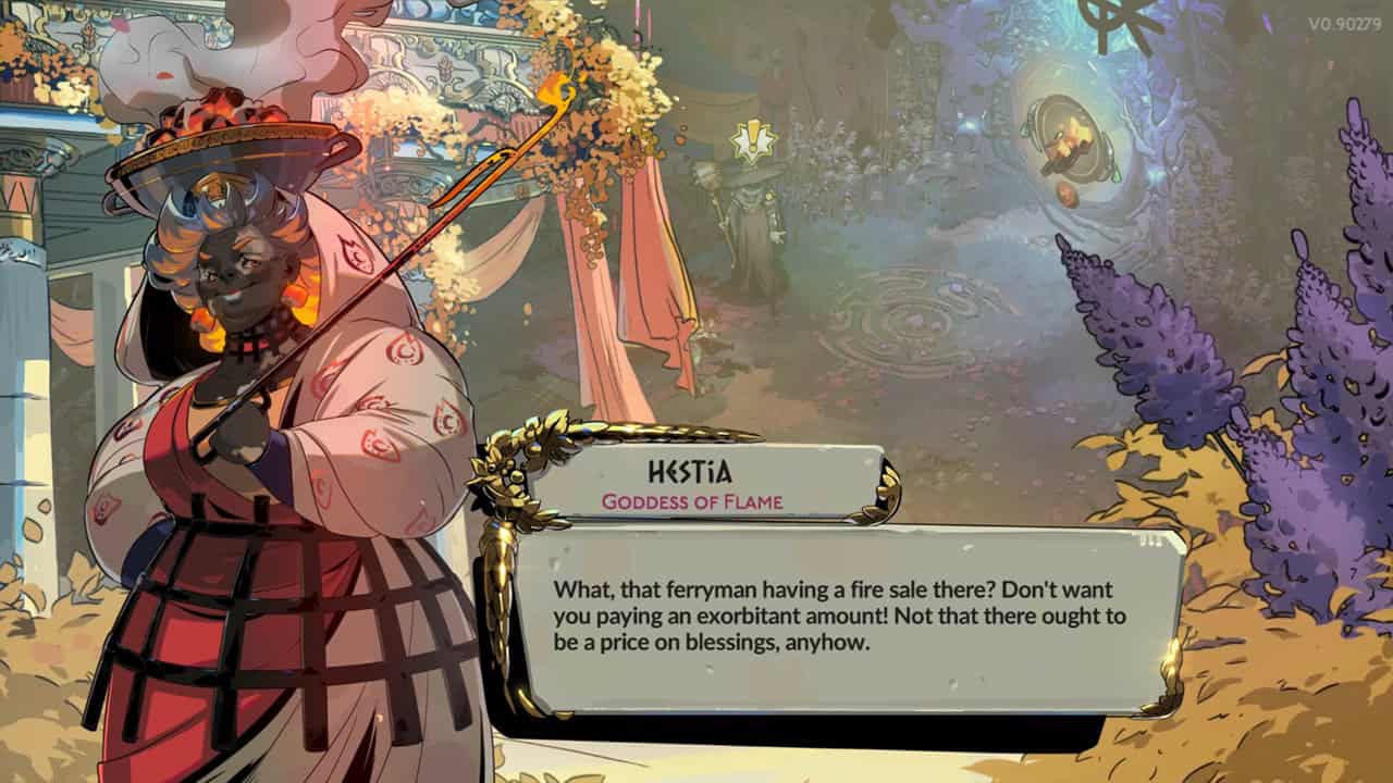 Hades 2 characters: A dialogue from Hestia in the game. Image captured by VideoGamer.