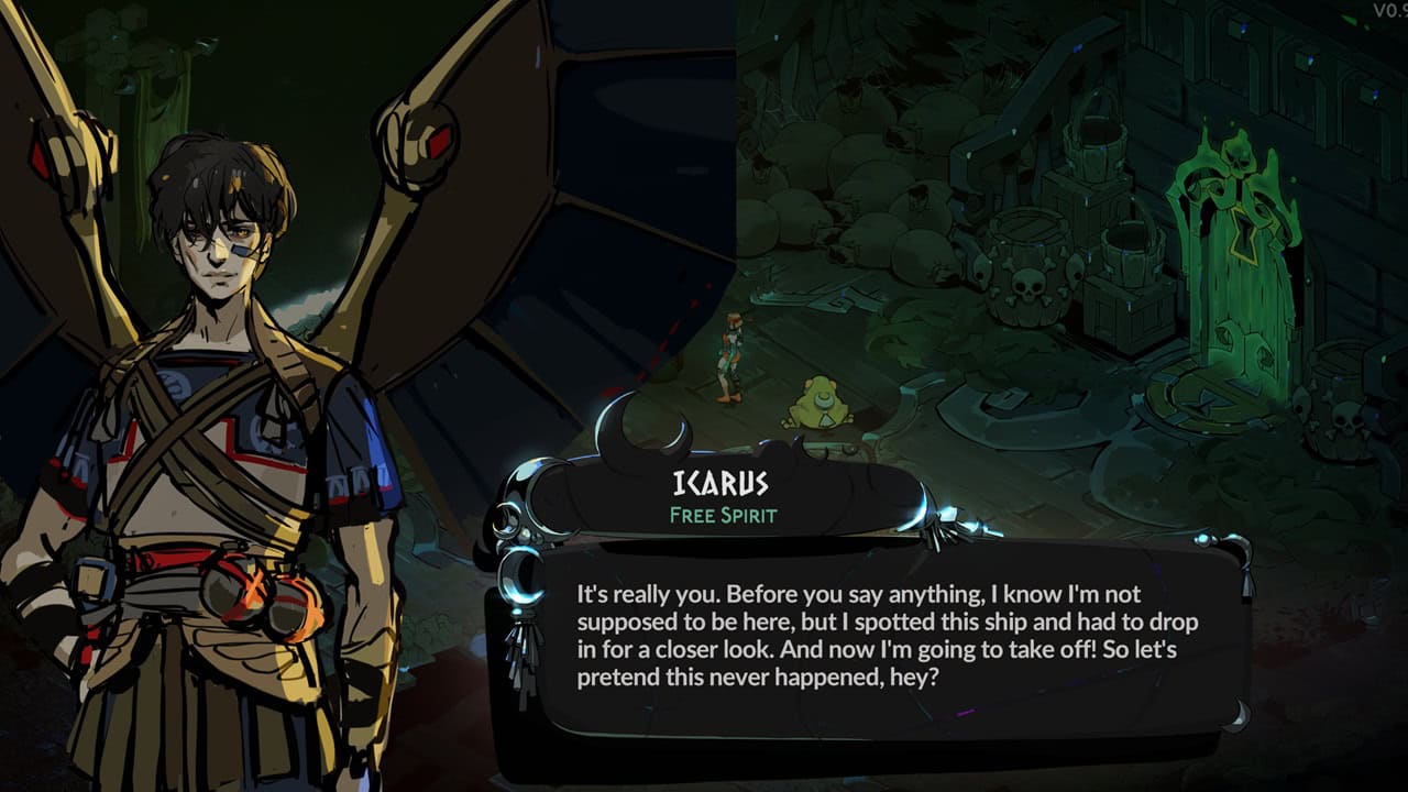 Hades 2 characters: A dialogue from Icarus in the game. Image captured by VideoGamer.