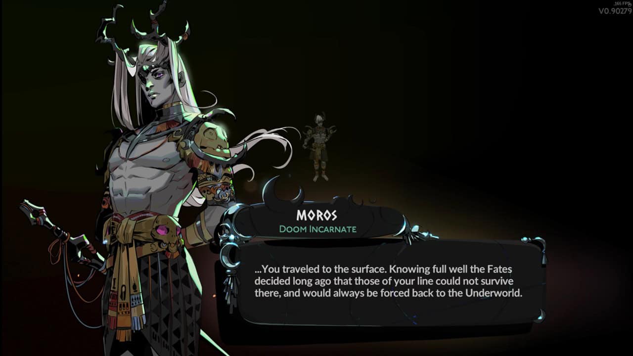 Hades 2 characters: A dialogue from Moros in the game. Image captured by VideoGamer.