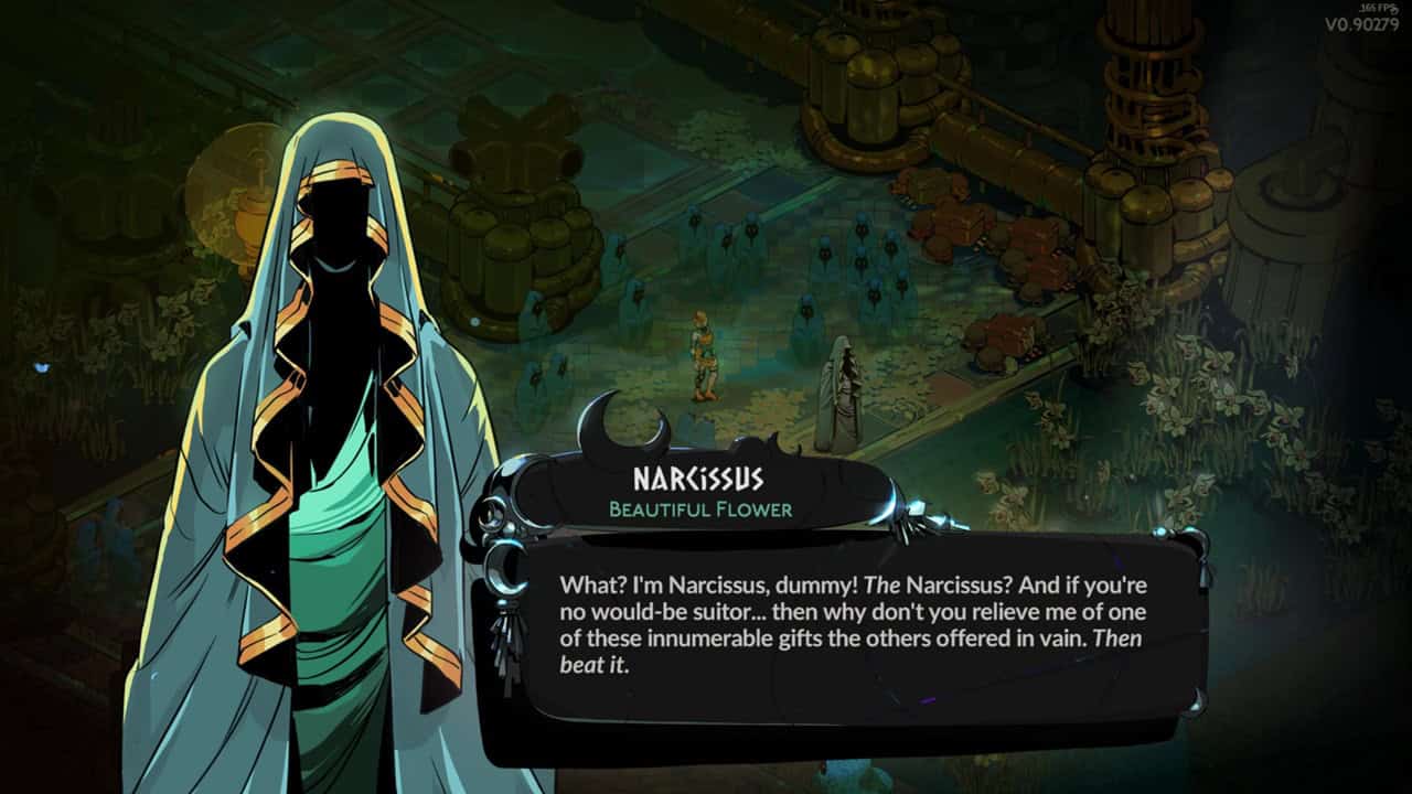 Hades 2 characters: A dialogue from Narcissus in the game. Image captured by VideoGamer.