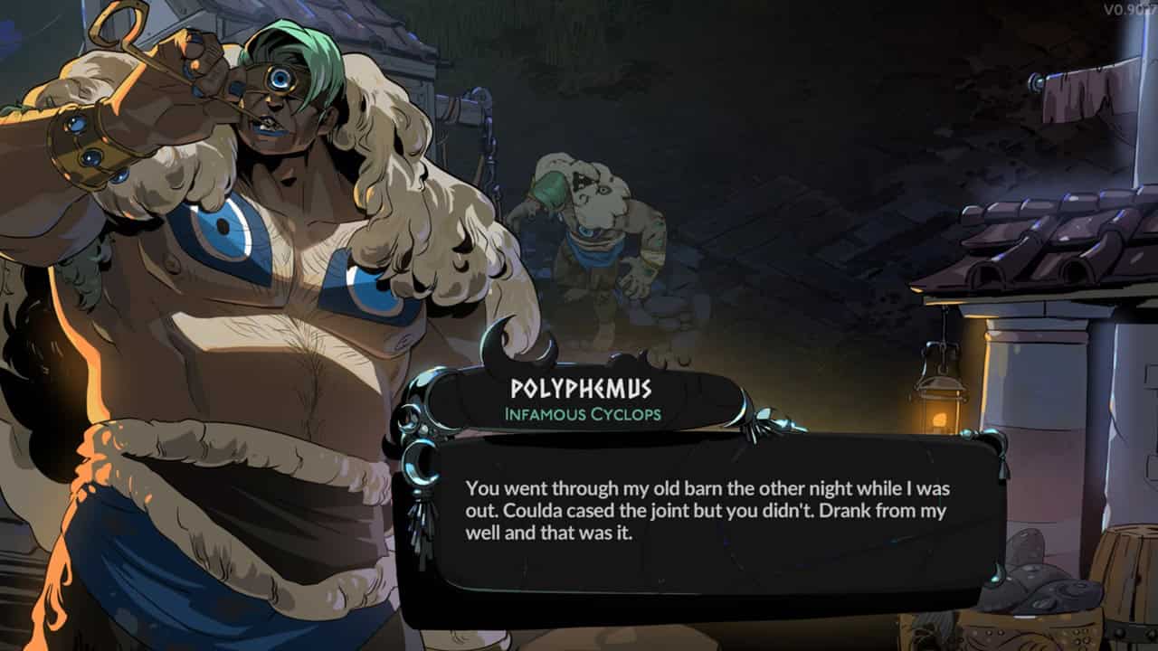 Hades 2 characters: A dialogue from Polyphemus in the game. Image captured by VideoGamer.