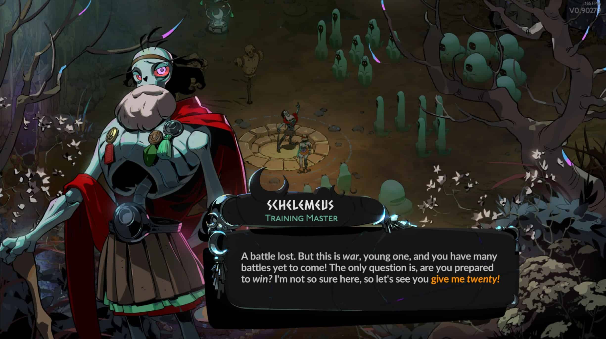 Hades 2 characters: A dialogue from Schelemeus in the game. Image captured by VideoGamer.