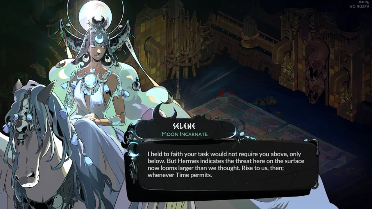 Hades 2 characters: A dialogue from Selene in the game. Image captured by VideoGamer.