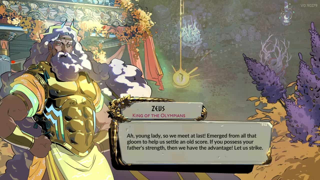 Hades 2 characters: A dialogue from Zeus in the game. Image captured by VideoGamer.