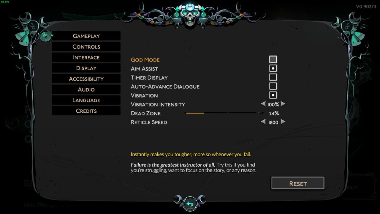 Hades 2 cheats: Hades 2 in-game options menu detailing various gameplay settings, including God Mode.