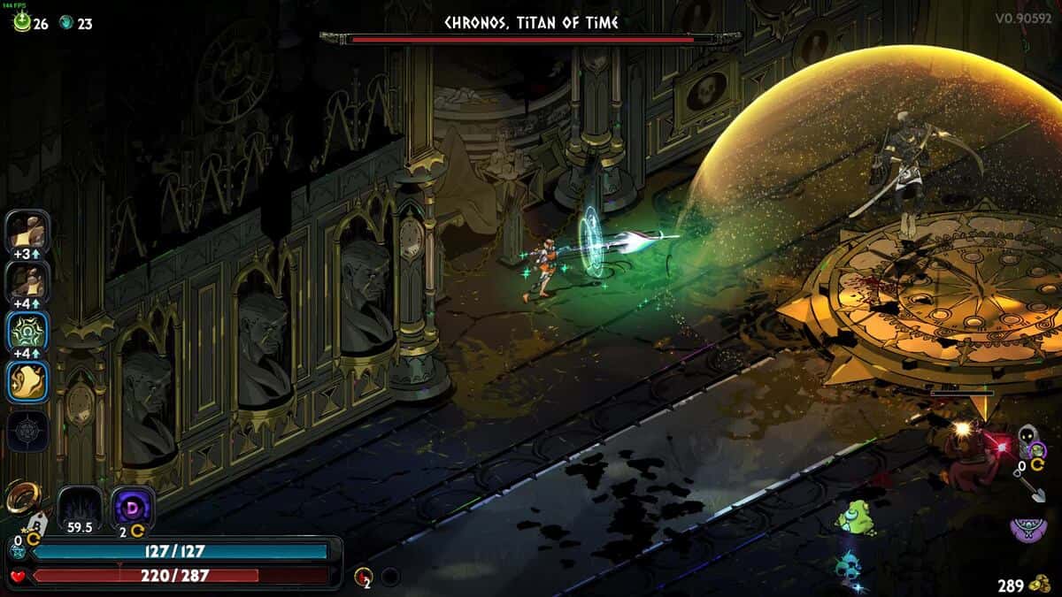 Hades 2 Chronos boss guide: character battles Chronos, Titan of Time, in a richly decorated arena with statues and an intricate floor design.