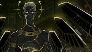 Hades 2 Chronos boss guide: figure with white hair, adorned with gold accessories, black wings, and a glowing halo.