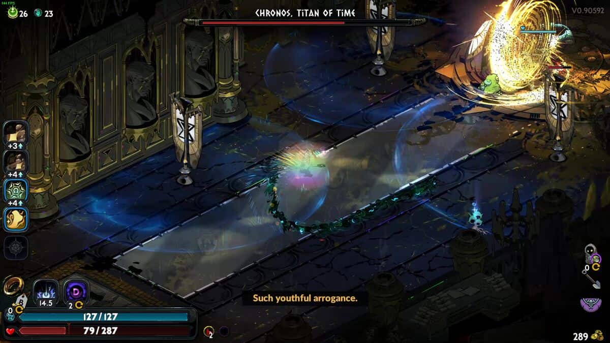 Hades 2 Chronos boss guide: battle with Chronos, Titan of Time. The player character is engaged in combat, and a dialog text at the bottom reads, 