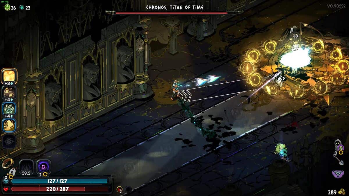 Hades 2 Chronos boss guide: dark, ornate setting, the video game scene shows a character fiercely battling 