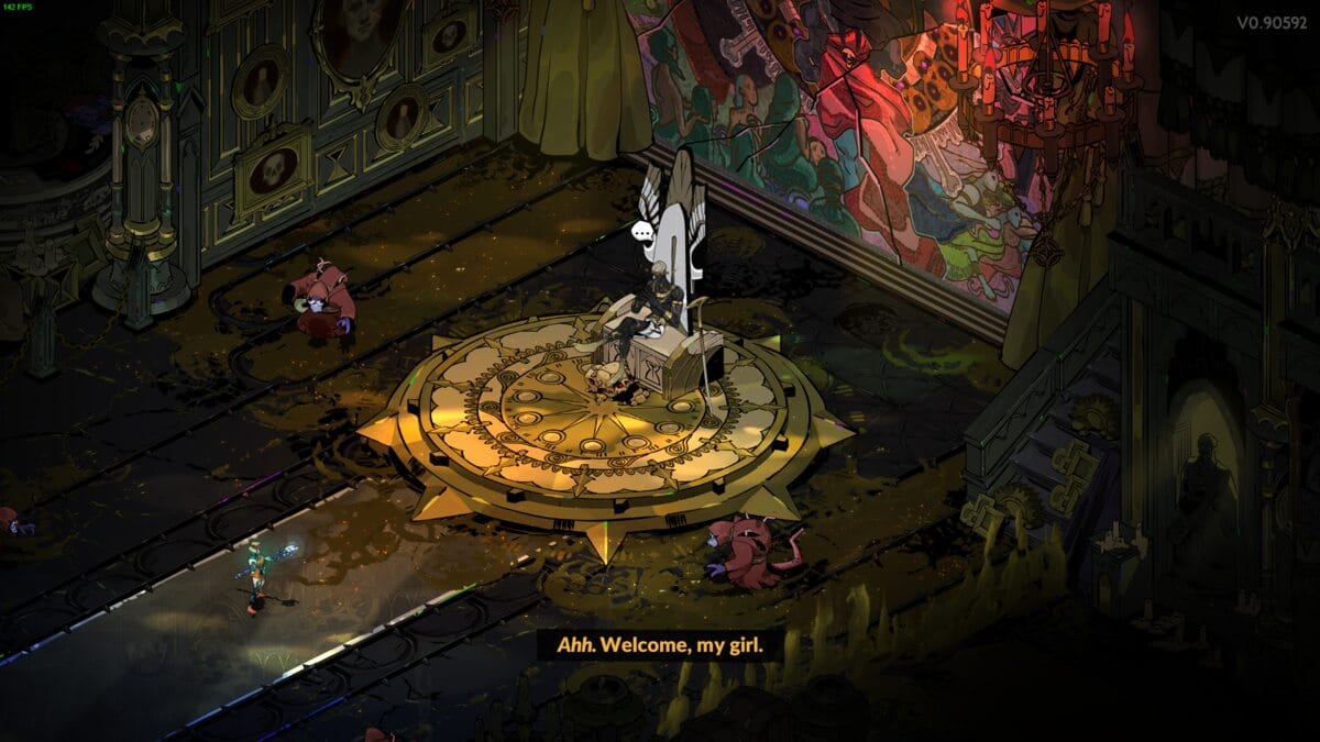 Hades 2 Chronos boss guide: dark figure sitting a throne in a dark arena sided by two minions with a tapestry in the background.
