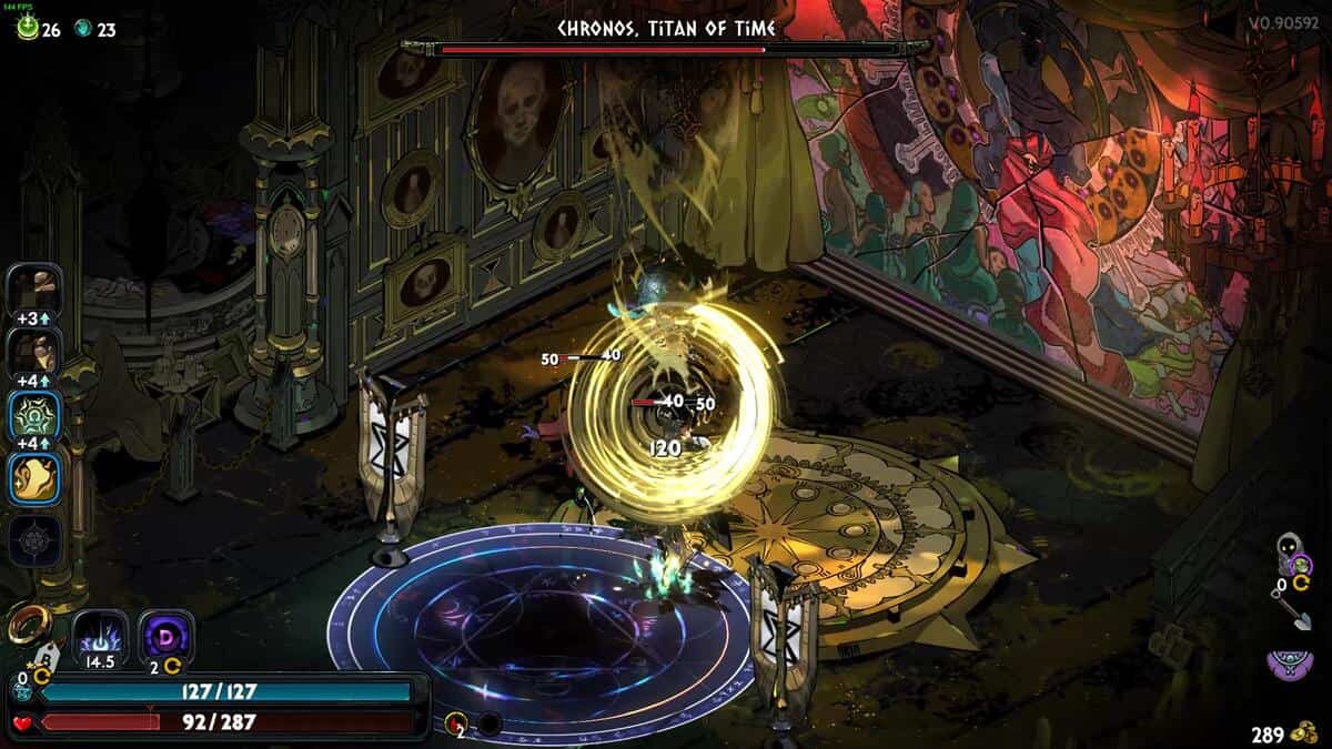 Hades 2 Chronos boss guide: character battles Chronos, Titan of Time, in a circular arena in Hades 2, with bright energy effects and a detailed background of murals and ornate designs. Game HUD elements are visible.