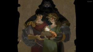 Portrait of Hades with his family, including Hades, Zagreus, Persephone, and baby Melinoe.