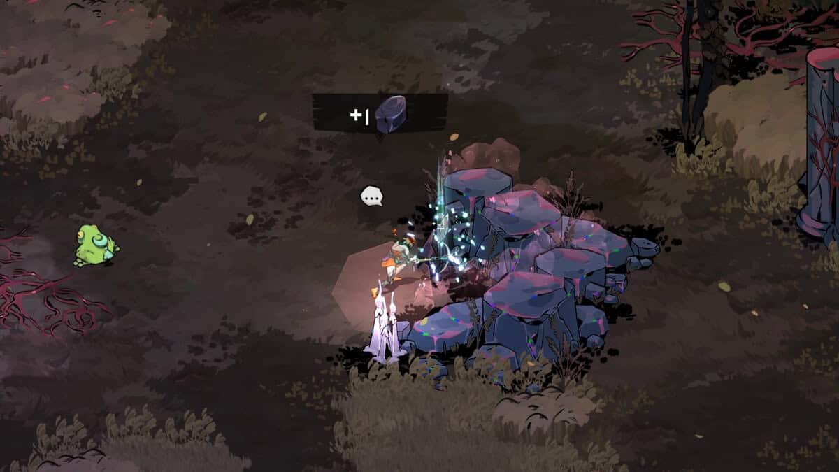 Hades 2 G Rock: character Melinoe mining a Glassrock Ore deposit in the Fields of Mourning.