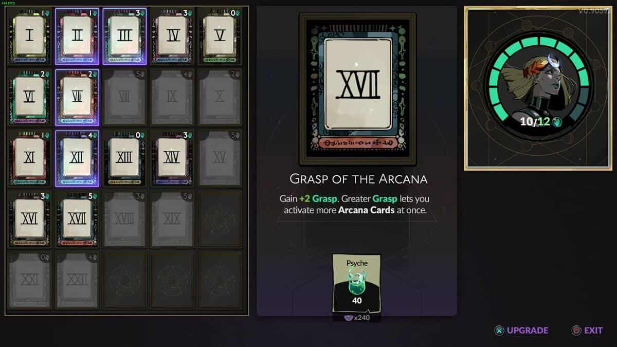 Hades 2 how to increase Grasp: in-game menu detailing various guards and their buffs and perks.