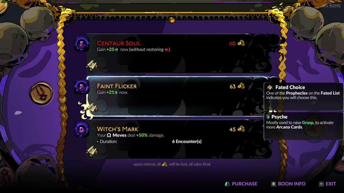How to increase Grasp in Hades 2: In-game screenshot displaying three item options with descriptions and costs: 