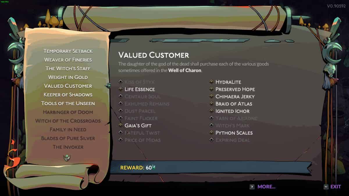 Hades 2 how to increase Grasp: in-game menu displaying various prophecies.