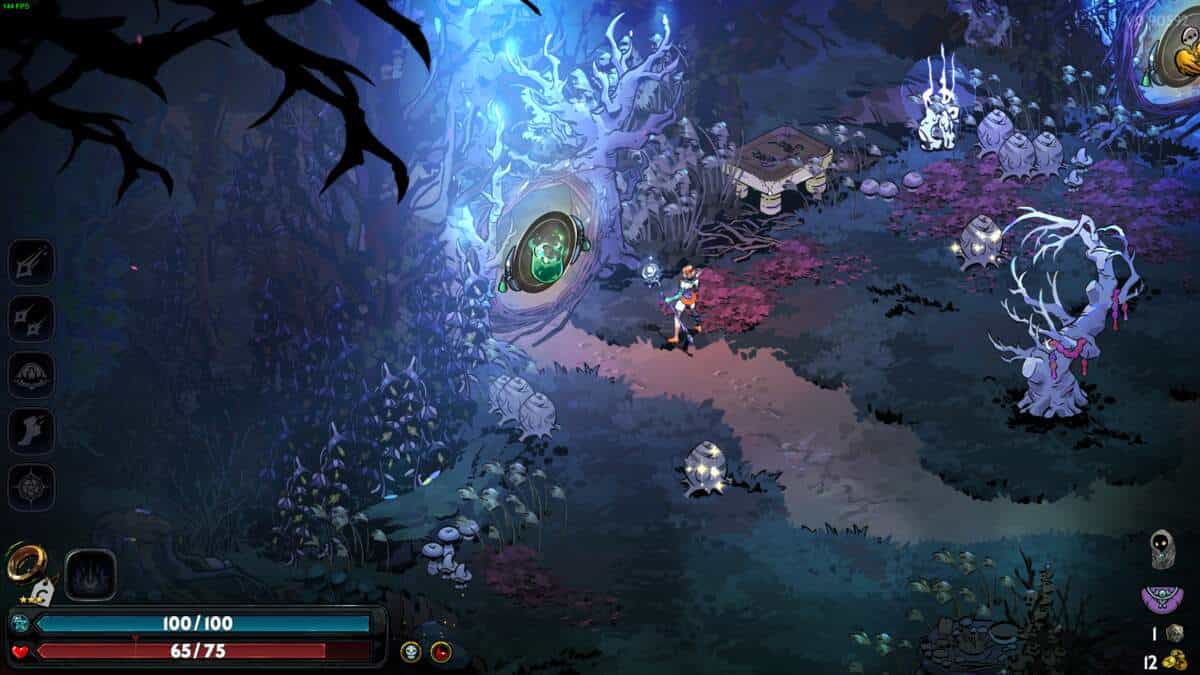 Hades 2 how to increase Grasp: A character with a glowing sword explores a mystical forest with vibrant blue and purple hues, featuring eerie trees and portals.