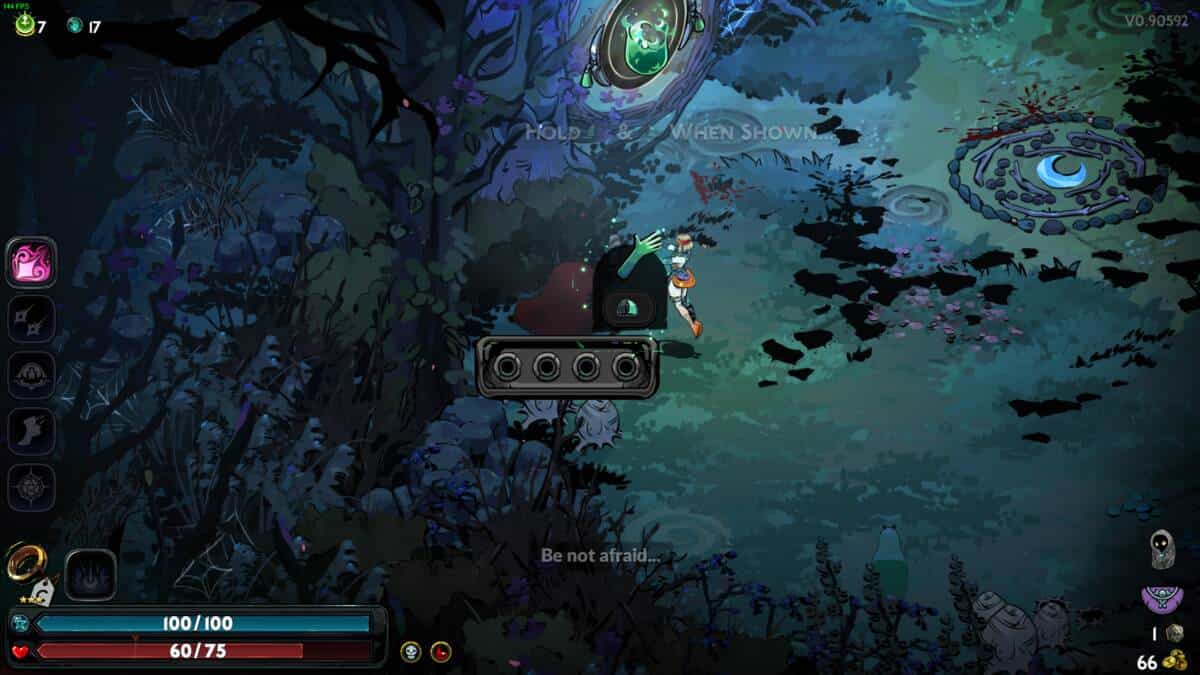 Hades 2 how to increase Grasp: a character standing on a platform in a dark, mystical forest setting with various game interface elements displayed.