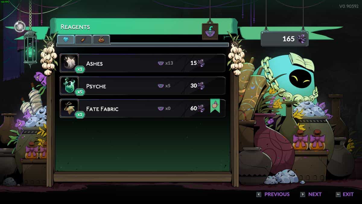 Hades 2 how to increase Grasp: g a merchant interface with items like Ashes, Psyche, and Fate Fabric for sale in Hades 2, flanked by cartoonish, whimsical creatures and decorations.