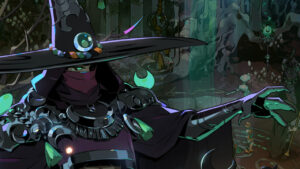 Hades 2 Hercate boss guide: a shadowy figure in a wide-brimmed witch's hat adorned with a glowing gem, extending a hand in a dim room.
