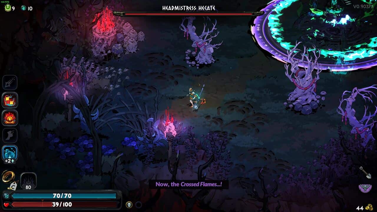 Hades 2 Hecate boss guide: character in a vibrant, dark battlefield, facing a large, glowing blue circular enemy area with menacing statues.