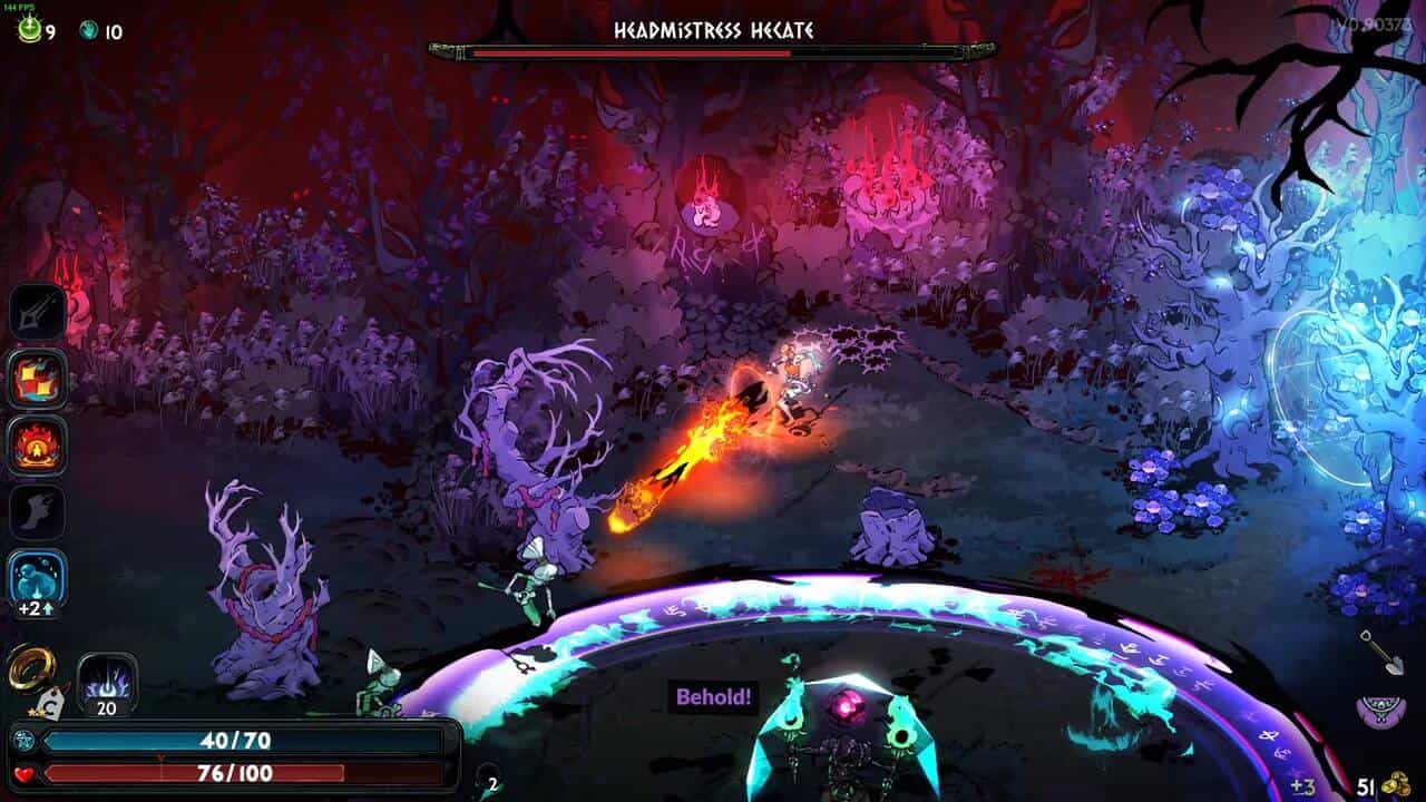 Hades 2 Hecate boss guide: headmistress Hecate in a vibrant, fantastical game setting filled with purple hues and magical effects.