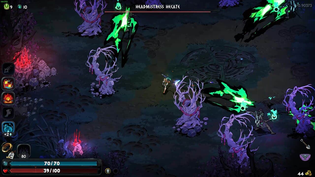 Hades 2 Hecate boss guide: Melinoe battling Hecate, surrounded by glowing purple plants and health bars displayed at the top.