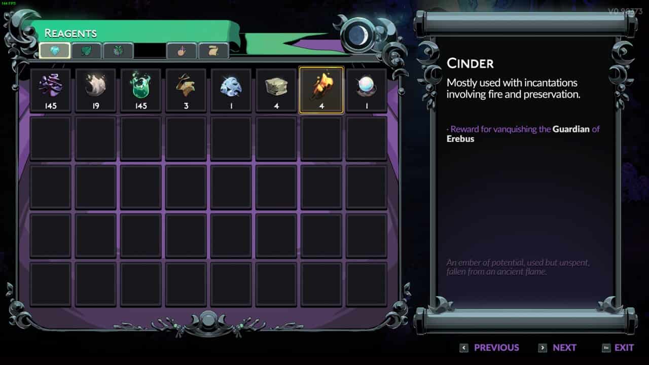Hades 2 Hecate boss guide: in-game menu detailing Cinder resource information.