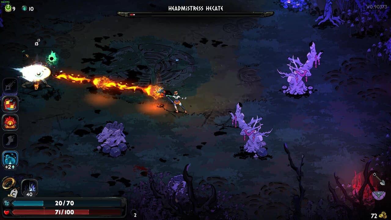 Hades 2 Hecate boss guide: small character emitting a fiery projectile in a dark arena.