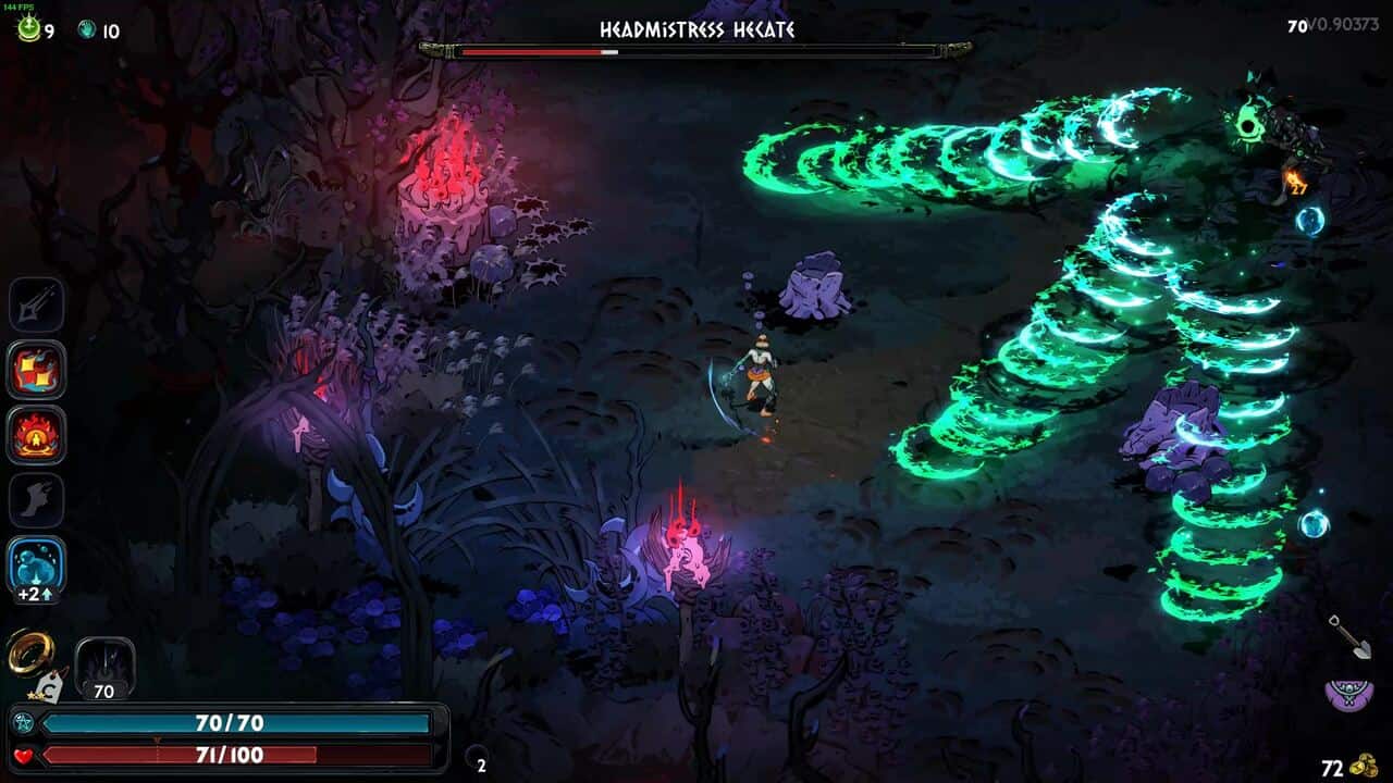 Hades 2 Hecate boss guide: a series of green projectile attacks from an enemy in a a dark arena.