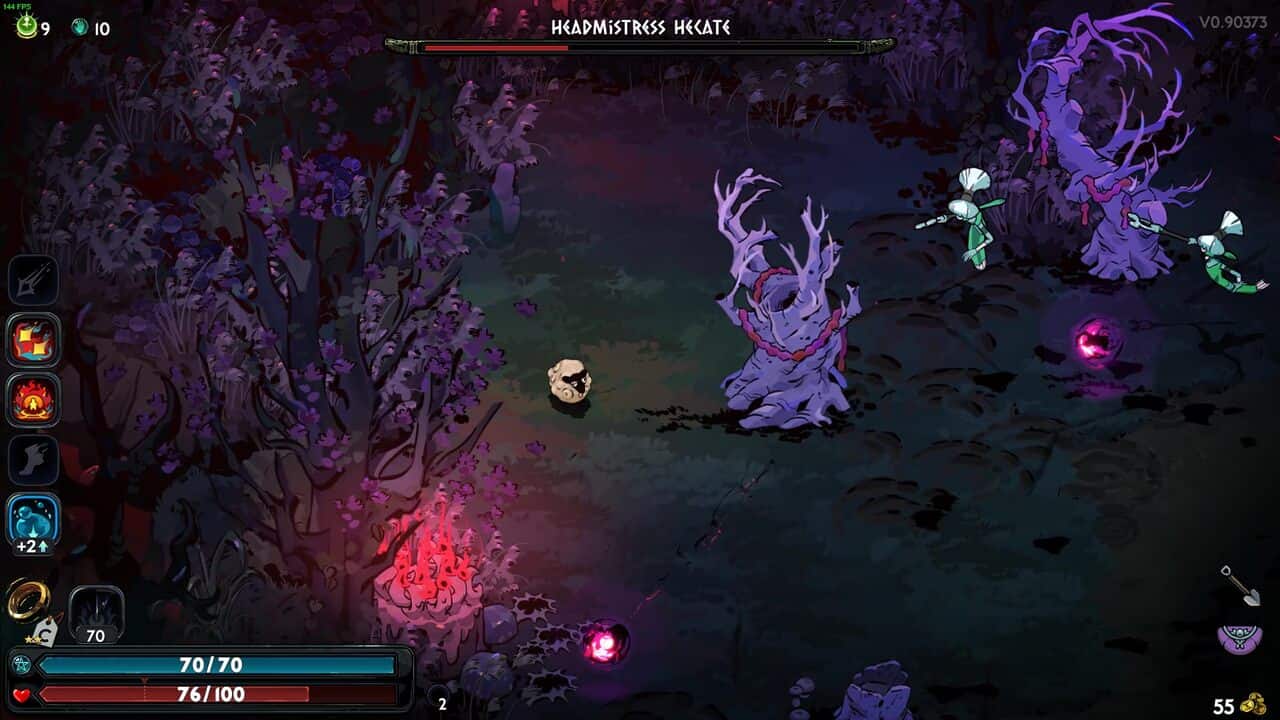 Hades 2 Hecate boss guide: boss in a dark environment, featuring eerie trees and mystical elements.