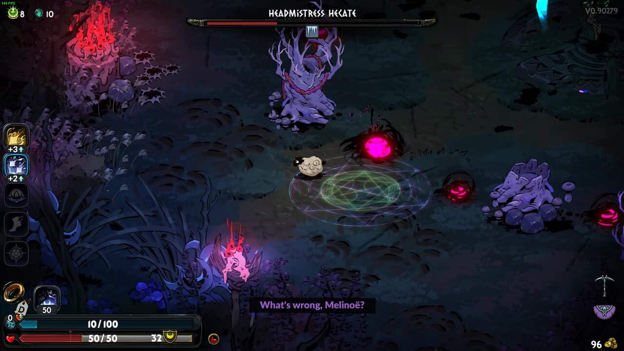 Hades 2 Hecate boss guide: a character in a dark, ominous environment with a large boss and glowing pink elements.