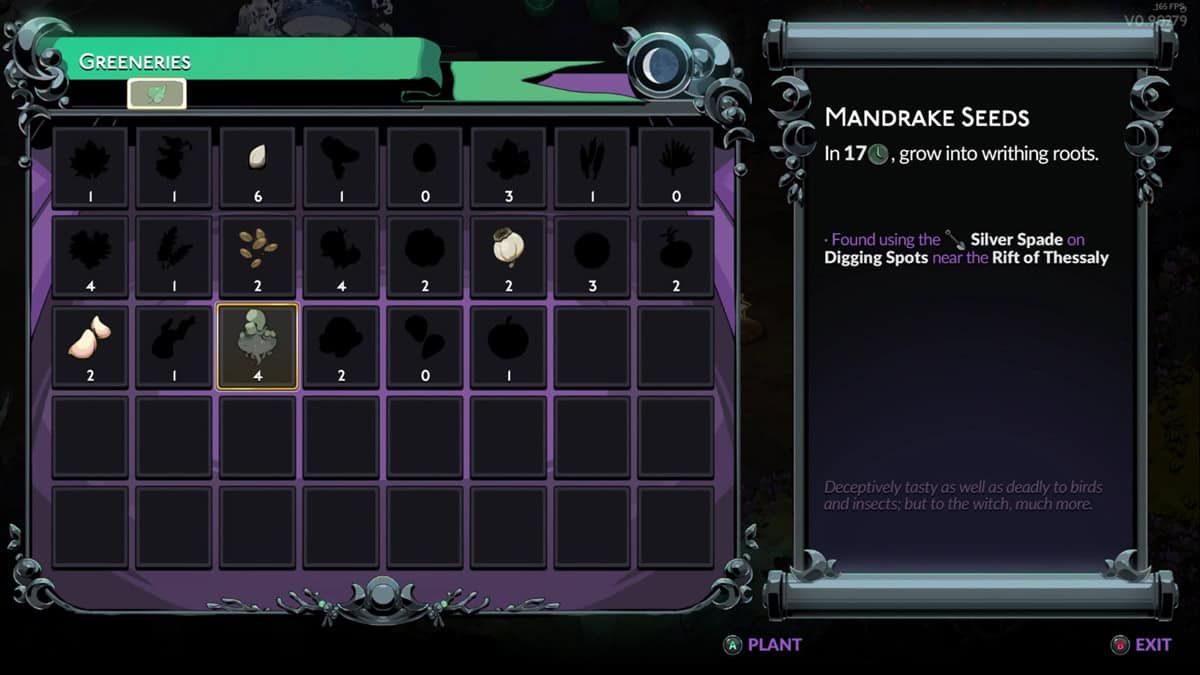 Hades 2 Mandrake: A player checks out their inventory, highlighting Mandrake seeds. Image captured by VideoGamer.