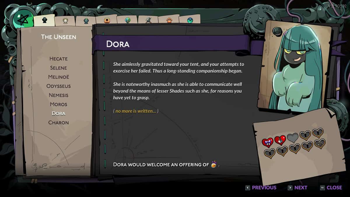 Hades 2 romance options: A player checks Dora's information in the Book of Shadow. Image captured by VideoGamer.