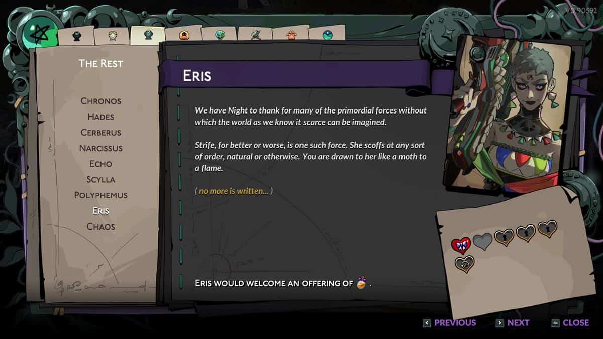 Hades 2 romance options: A player checks Eris' information in the Book of Shadow. Image captured by VideoGamer.