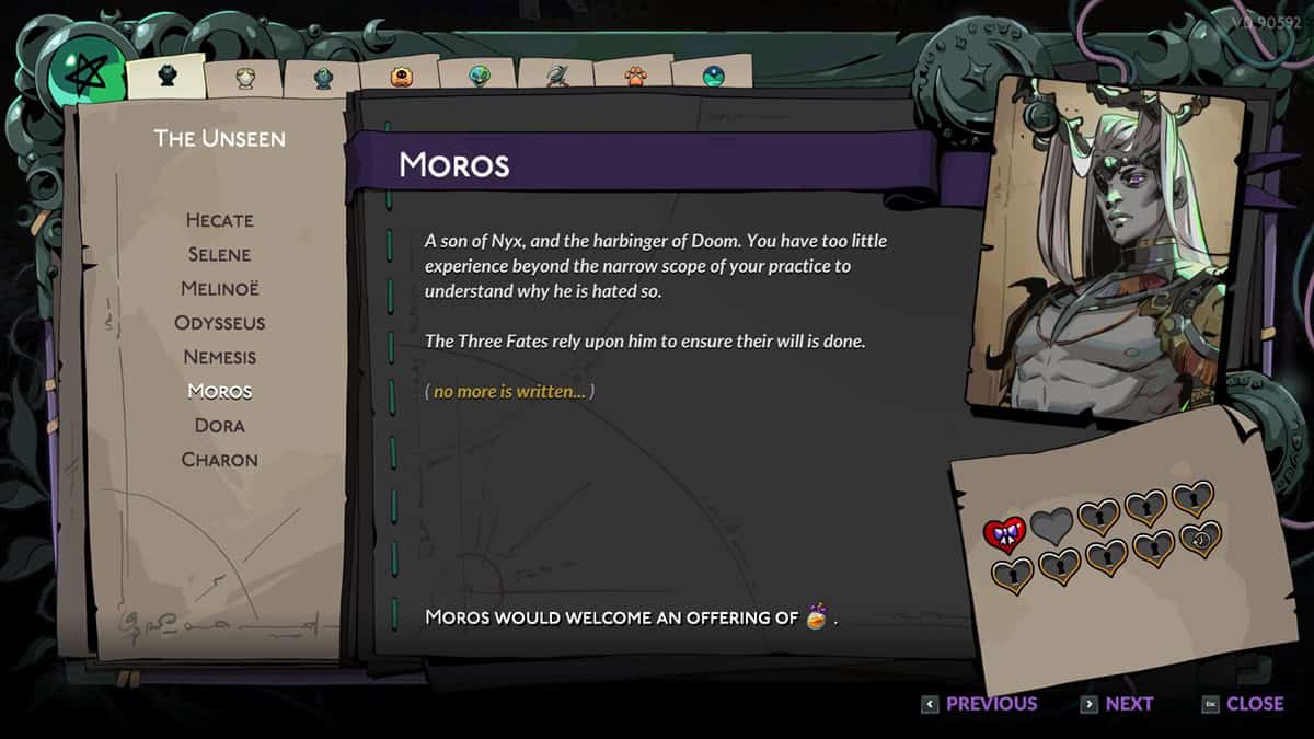 Hades 2 romance options: A player checks Moros' information in the Book of Shadow. Image captured by VideoGamer.
