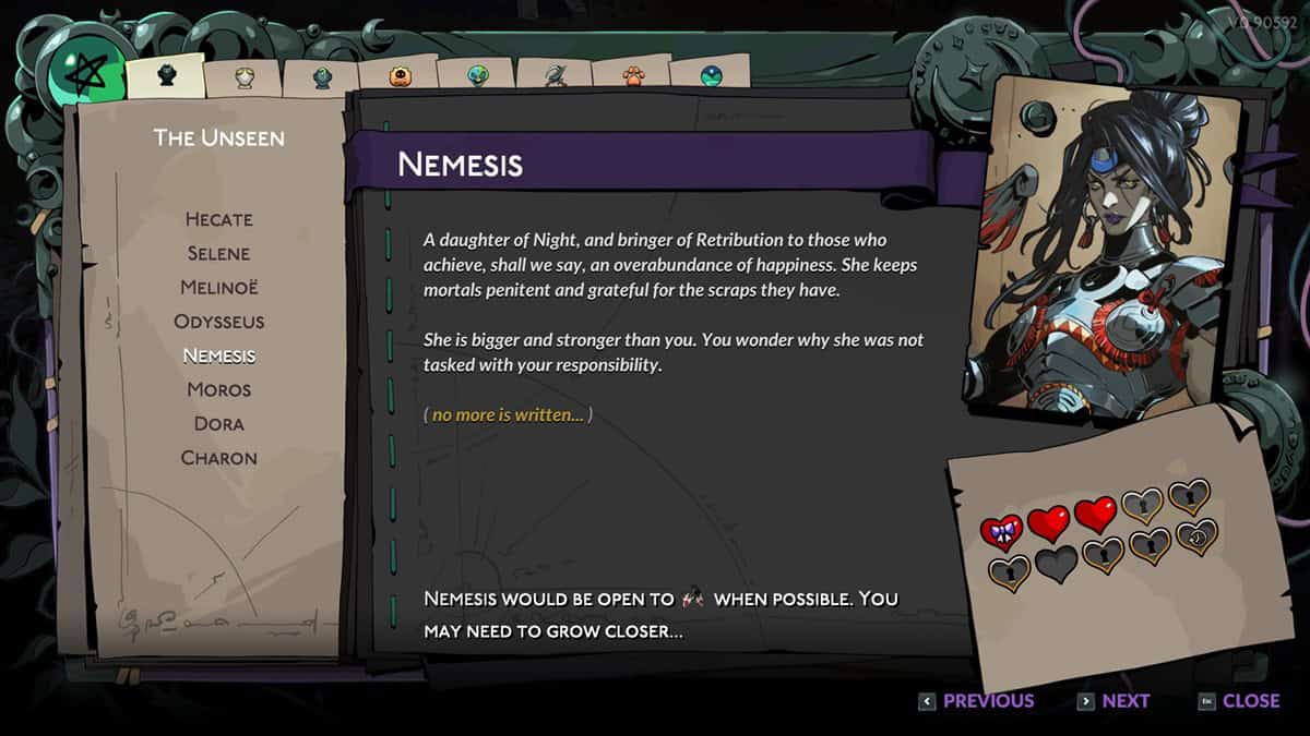 Hades 2 romance options: A player checks Nemesis' information in the Book of Shadow. Image captured by VideoGamer.