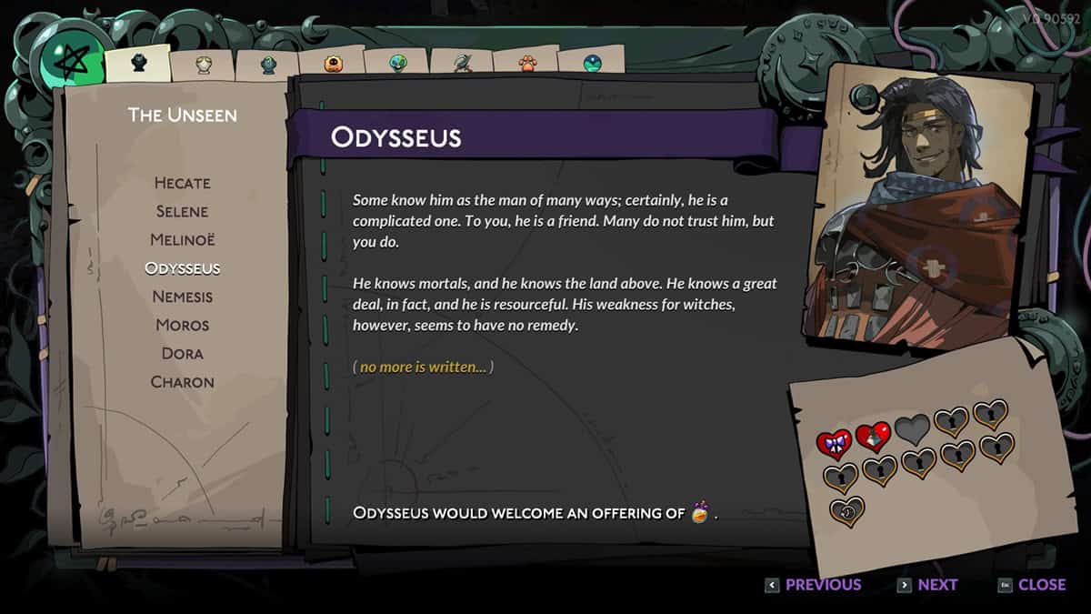 Hades 2 romance options: A player checks Odysseus' information in the Book of Shadow. Image captured by VideoGamer.