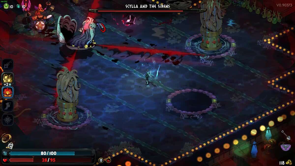 Hades 2 Scylla boss guide: a character fighting the Scylla boss and mythical creatures, the sirens, in a dark aquatic-themed arena.