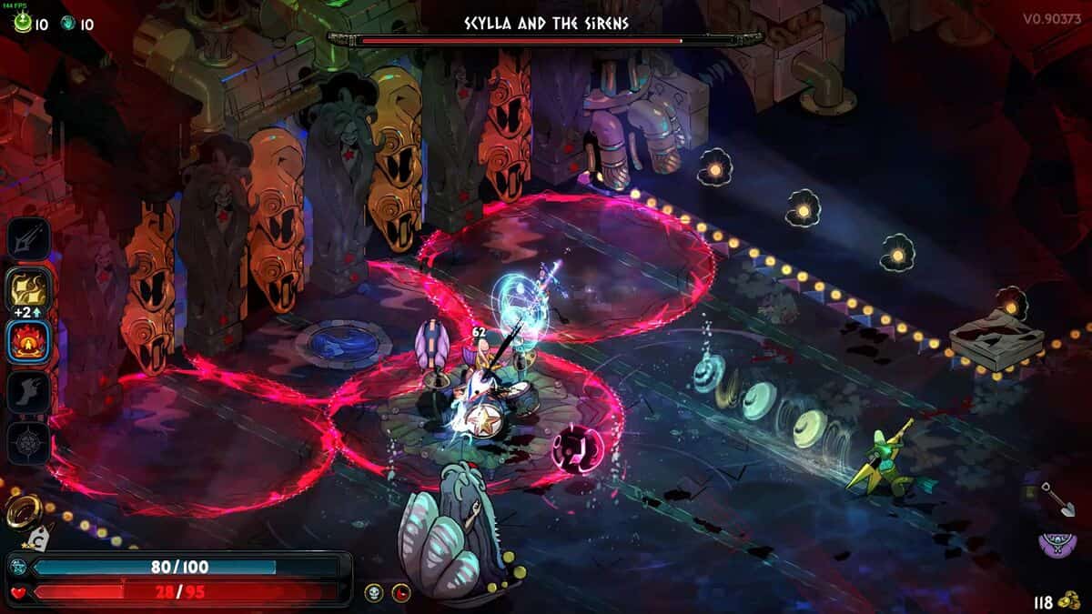 Hades 2 Scylla boss guide: character engaged in combat against multiple enemies in a dark, ornate arena labeled 