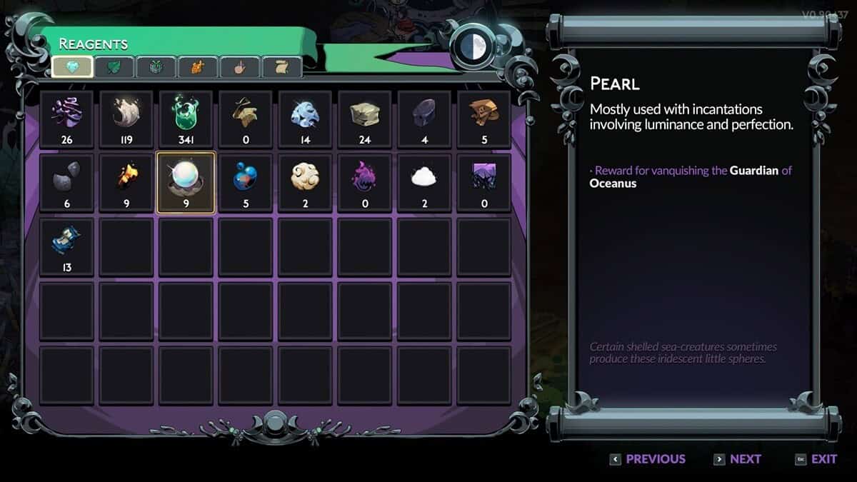 Hades 2 Scylla boss guide: inventory in Hades 2 detailing info about Reagents with Pearl highlighted.