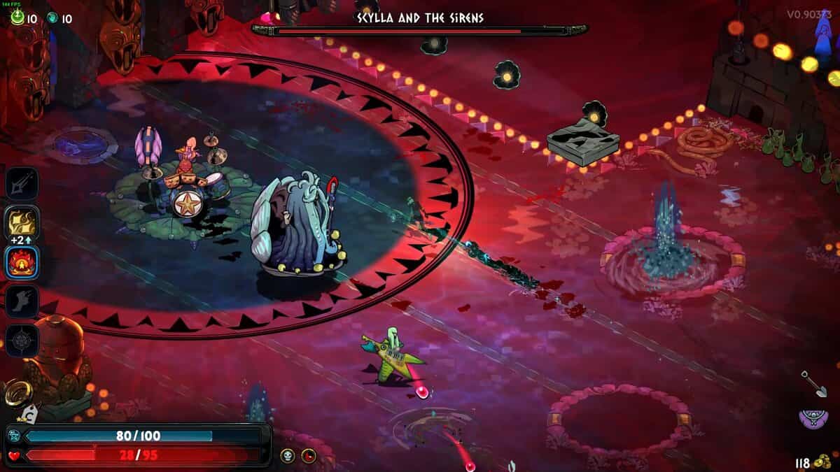 Hades 2 Scylla boss guide: a boss battle scene with a large monster named Scylla and the Sirens in a red-tinged arena, with various attack icons and health bars.