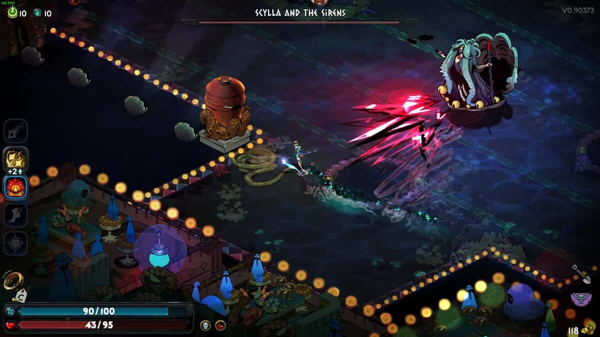 Hades 2 Scylla boss guide: a character attacks the Scylla boss in a dark arena.