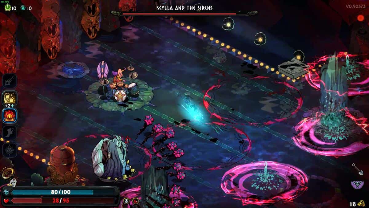 Hades 2 Scylla boss guide: a character fighting against the bosses Scylla and the Sirens in a dark, neon-lit arena with magical elements.