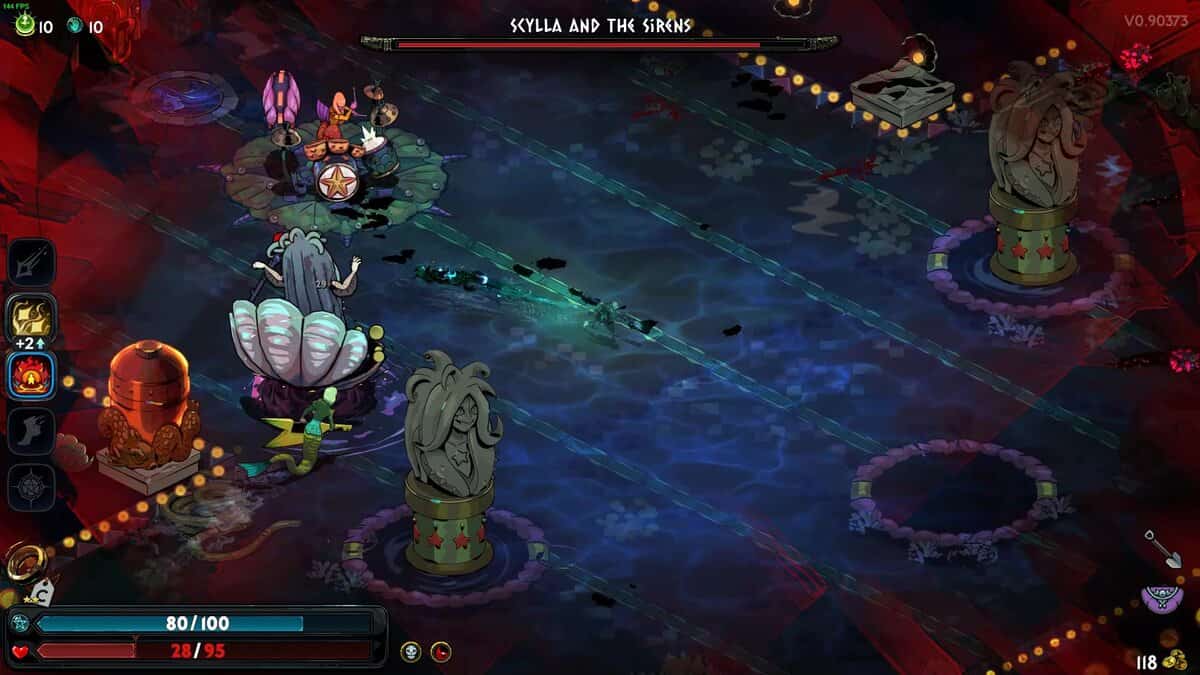 Hades 2 Scylla boss guide: a mythical battle scene with the player character facing the Scylla boss and the Sirens in a water arena.