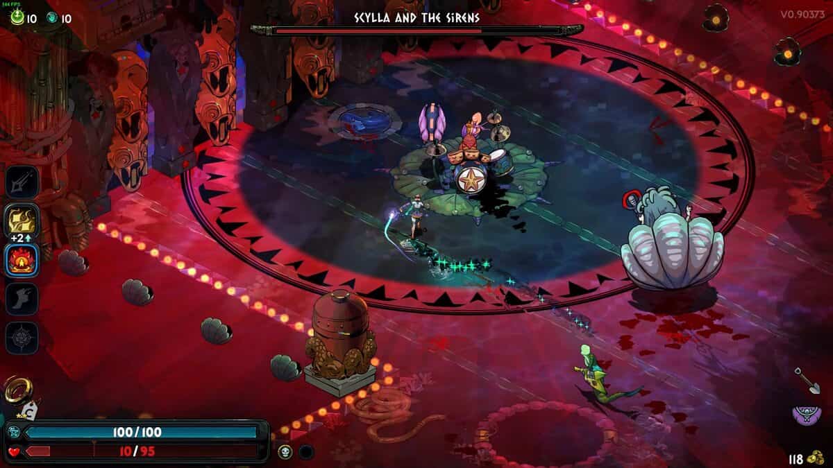Hades 2 Scylla boss guide: character Melinoe standing near a drummer in a safe zone surrounded by a dangerous red area.