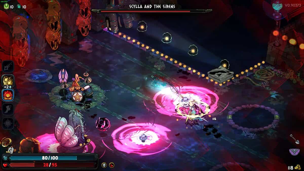 Hades 2 Scylla boss guide: character engaged in a battle with the Scylla boss, with swirling purple and pink effects around them, and health and ability icons visible.