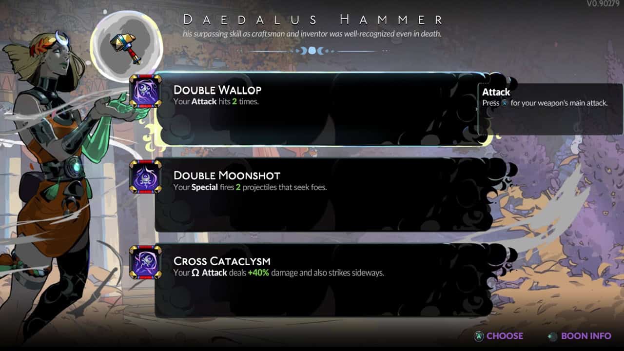 Hades 2 tips and tricks: A player checks out Daedalus Hammer perks in the game. Image captured by VideoGamer.