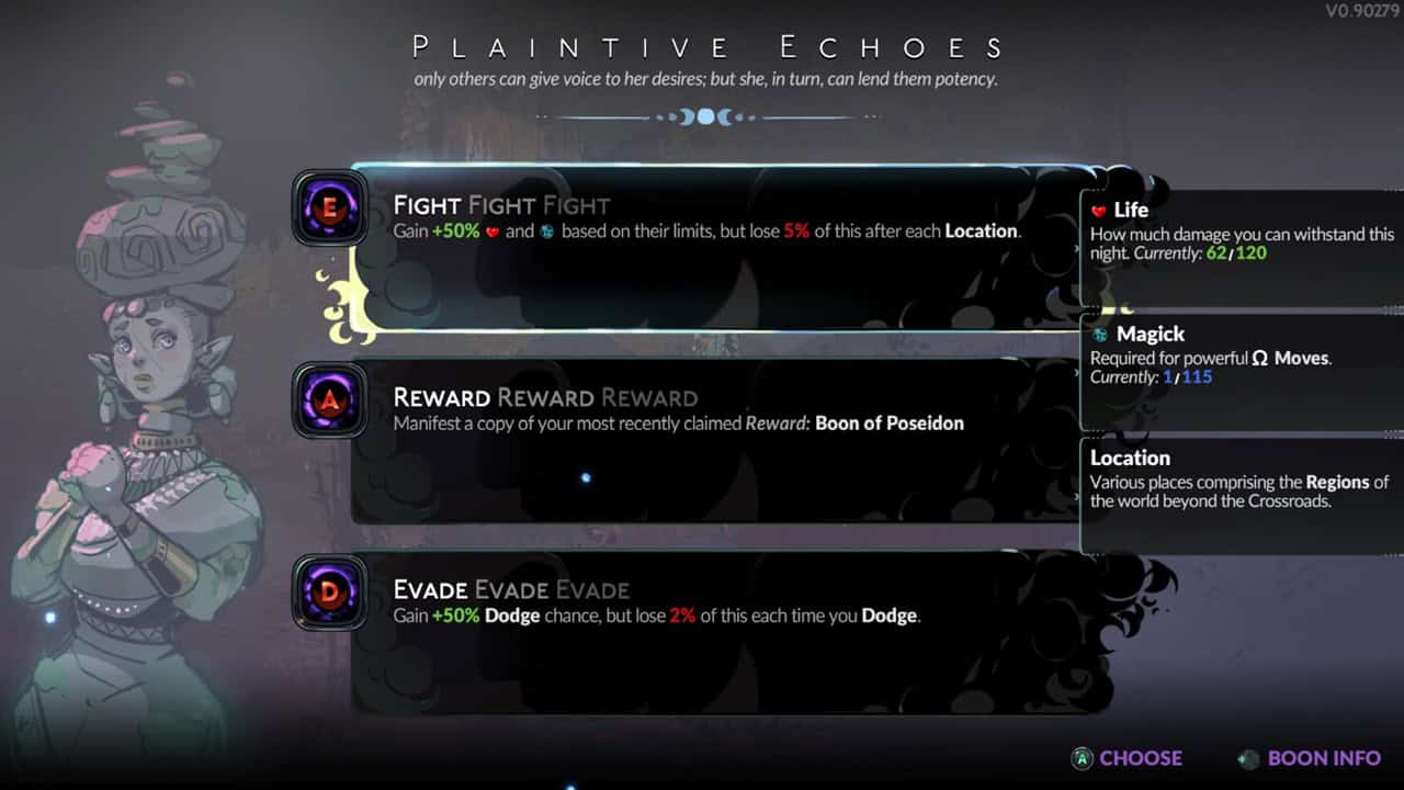 Hades 2 tips and tricks: A player checks out Echo's rewards in the game. Image captured by VideoGamer.